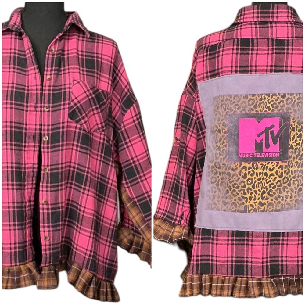 MTV Upcycled T Shirt Flannel Shacket Top